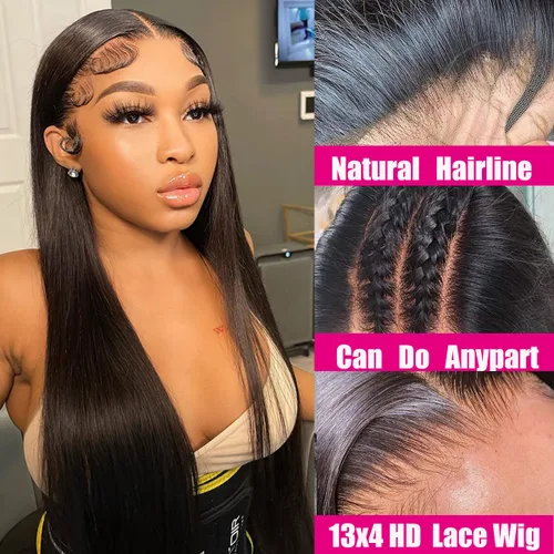 Vista 2 de Peluca de cabello humano brasileño lacio con encaje frontal de 13 x 4 pulgadas, transparente HD, prearrancada con abuelitos (26 pulgadas)