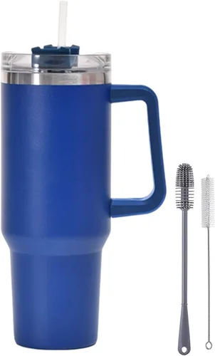 Vista 5 de Botella de agua aislada de acero inoxidable de 40 onzas con tapa con pajilla, vaso aislado al vacío de acero inoxidable con asa, vasos aislados Negro