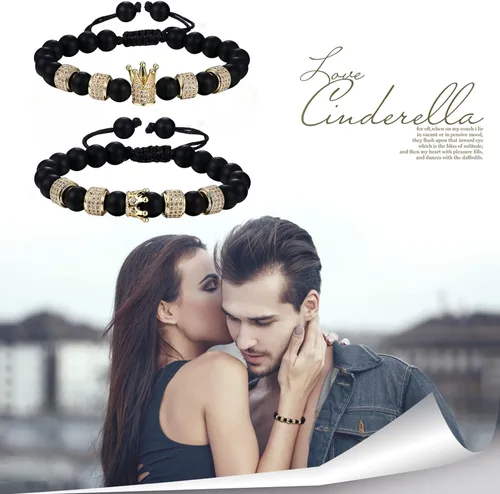 Vista 4 de Crown King and Queen - Pulseras de cuentas ajustables para parejas, piedra negra onxy hecha a mano, pulsera de eslabones para hombres y mujeres, San