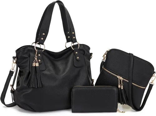 Vista 15 de Qiyuer - Juego de bolsos y carteras para mujer: bolso grande tipo bandolera, bolso tipo hobo y cartera, 3 piezas A01-3pcs/Set Gris