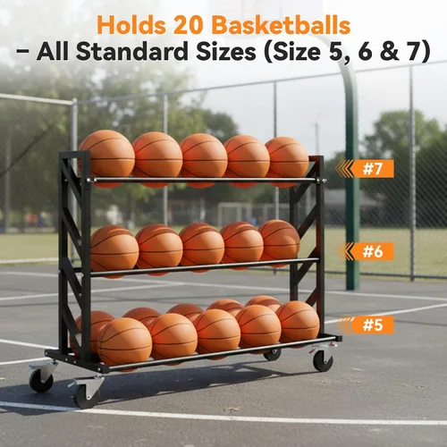 Vista 2 de Bastidores de baloncesto para pelotas, carrito de bolas resistente con ruedas, almacenamiento de baloncesto de 3 niveles y 20 bolas, carrito