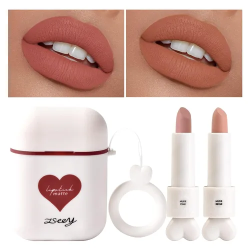 Vista 11 de Juego de 2 lápices de labios mate, a prueba de agua, acabado terciopelo de larga duración, humectante, para labios, doble color, brillo de labios