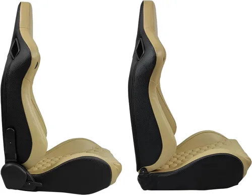 Vista 3 de IKON MOTORSPORTS, Asientos universales para vehículos de carreras con deslizadores dobles, asientos deportivos reclinables de cuero PU beige + cuero
