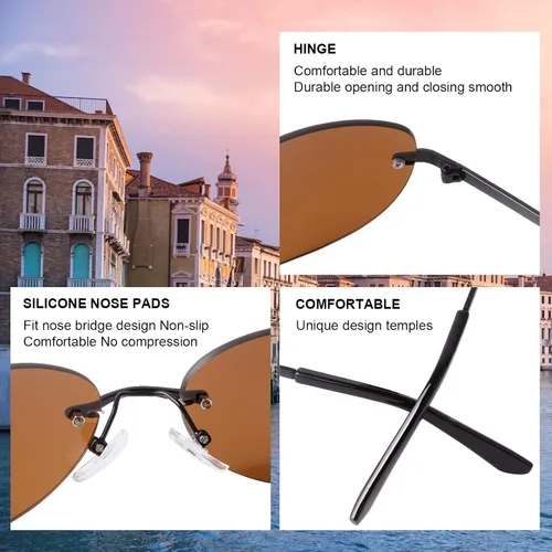 Vista 5 de KFPH Gafas de sol ovaladas pequeñas sin montura Y2K a la moda vintage de los años 90, gafas de sol con marco para mujeres y hombres futuristas