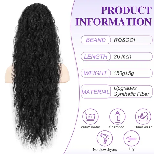 Vista 4 de Extensión de cola de caballo con cordón, extensión de cola de caballo larga y rizada para mujeres negras, extensiones de cabello negro de 26