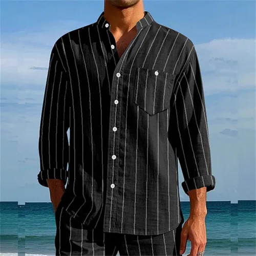 Vista 3 de Camisa de lino para hombre, manga larga, casual, a rayas, con botones, para playa, verano y boda