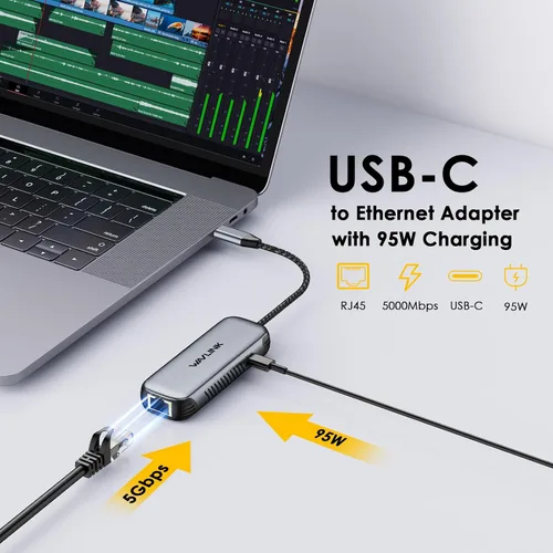 Vista 3 de WAVLINK Adaptador USB C a Ethernet de 5Gbps, convertidor de red USB-C a RJ45 de 5000Mbps con puerto de carga de 95W, carcasa de aluminio