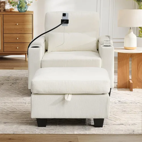 Vista 7 de Chaise Lounge Chair para interiores con puerto USB y soporte para teléfono, sillón reclinable pequeño de felpilla con otomana de almacenamiento