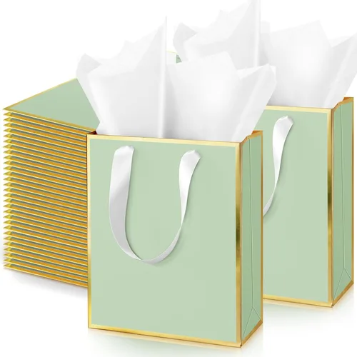 Vista 28 de Yeaqee Paquete de 100 bolsas metálicas de regalo con asa y papel de seda de papel de seda dorado para graduación, boda, padrinos de boda, regalos