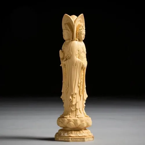 Vista 3 de Estatua china de Nanhai Quan Yin Feng Shui, tallado a mano boj tres lados Kuan Yin Buddha estatua decoración de oficina en casa, escultura femenina