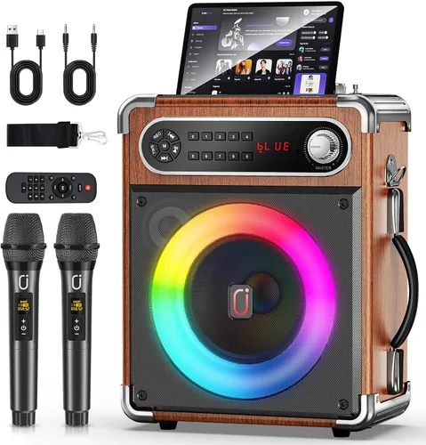 Vista 10 de Máquina de karaoke con 2 micrófonos inalámbricos, woofer mejorado de 6.5 pulgadas y tweeter de 2 pulgadas: altavoz de karaoke portátil Bluetooth
