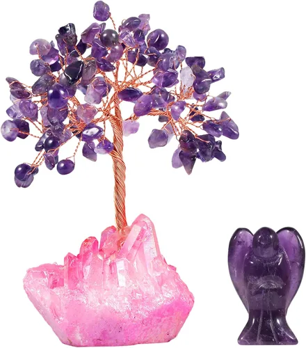 Vista 10 de mookaitedecor Figura decorativa de árbol de dinero de cristal de amatista y figura de ángel guardián para riqueza y suerte