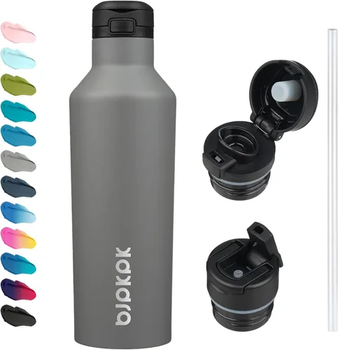 Vista 11 de BJPKPK Botella de agua aislada con pajilla, botellas de agua de acero inoxidable de 17 onzas con 2 tapas y asa de transporte, botella térmica