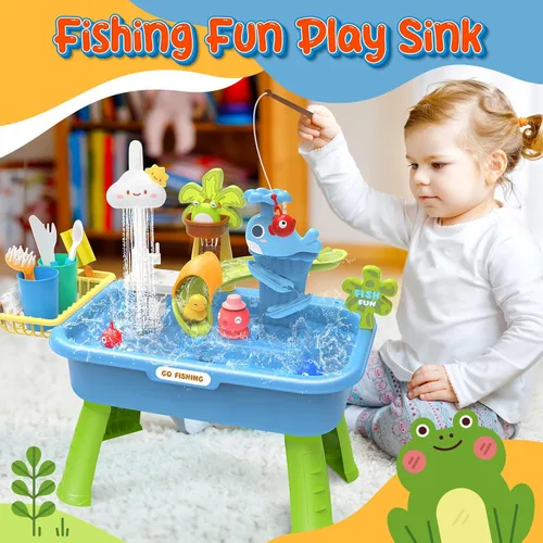 Vista 6 de Fregadero de juego de 21 pulgadas de alto con agua corriente, fregadero de cocina 4 en 1 para niños con grifo eléctrico, mini mesa de agua con patas