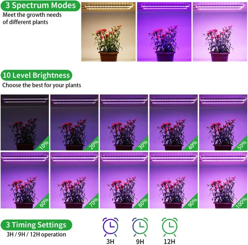 Vista 3 de RWNTAO Lámpara de cultivo de dos tiras para plantas de interior, tiras de luz LED de espectro completo rojo, azul y amarillo, con temporizador
