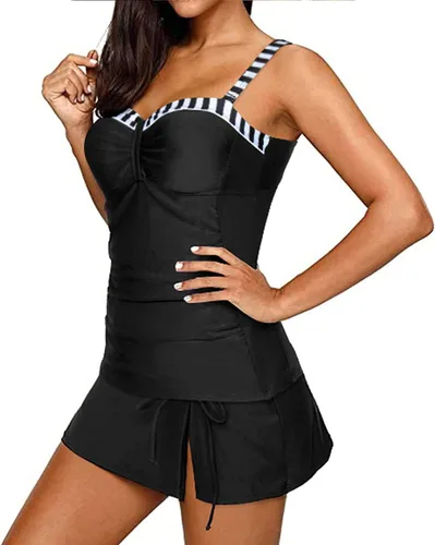 Vista 3 de Yonique - Trajes de baño tankini para mujer con falda, trajes de baño fruncidos de dos piezas, traje de baño vintage, XS a XXL
