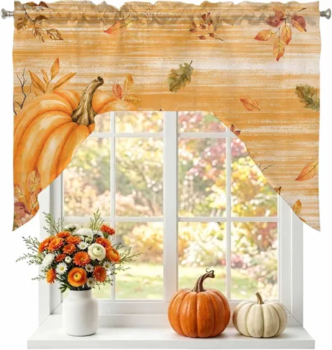Vista 19 de Thanksgiving Fall Swag Kitchen Curtain Sets with Valance, Orange White Pumpkins 3 Pieces Curtain Drapes Rod Pocket for Bedroom Living Room Bathroom