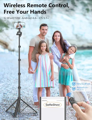 Vista 4 de Trípode de teléfono de 72 pulgadas y palo para selfie, soporte extensible para teléfono celular con control remoto desmontable y soporte