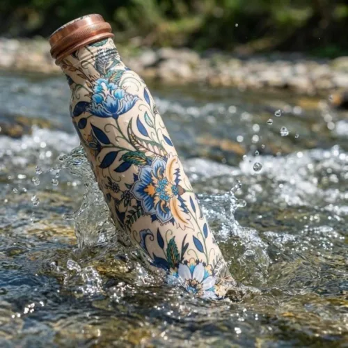 Vista 2 de Botella de agua de cobre de 34 onzas, botella de agua grande de cobre para beber, recipiente multicolor ayurvédico 100% puro para botella de tapa a