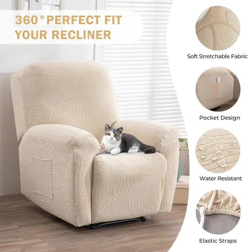 Vista 4 de vctops Funda repelente al agua para silla reclinable de 4 piezas con bolsillo lateral, diseño de hojas de jacquard, elástica, suave, protector