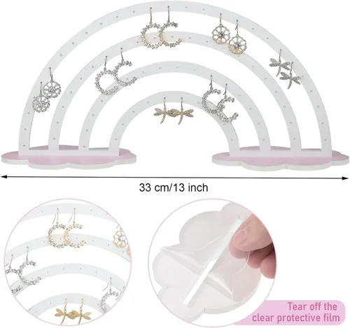 Vista 2 de Soporte para aretes de acrílico, diseño de arco iris, con base de 74 agujeros, soporte para pendientes para mujer (blanco)