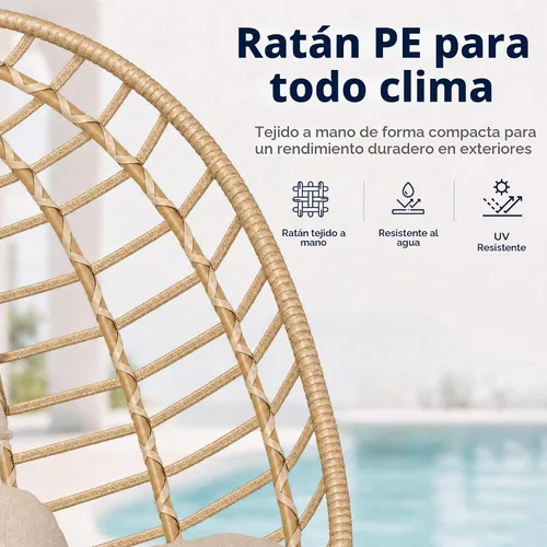 Vista 6 de SWITTE Silla doble colgante con forma de huevo con soporte, columpio de mimbre para exterior, 2 plazas, con cojín, para patio, dormitorio