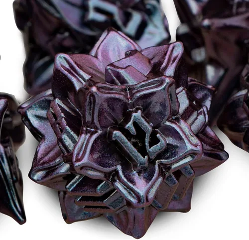 Vista 4 de ARUOHHA juego de dados de metal DND diseño de hoja púrpura, juego de dados poliédricos con caja, 7 piezas de dados D y D para juegos de rol RPG D20