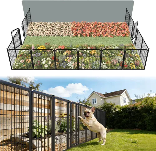 Vista 79 de FXW Valla de jardín al aire libre para el patio, 17 pulgadas de alto x 29.3 pies de largo, barrera de metal resistente para animales, para perros