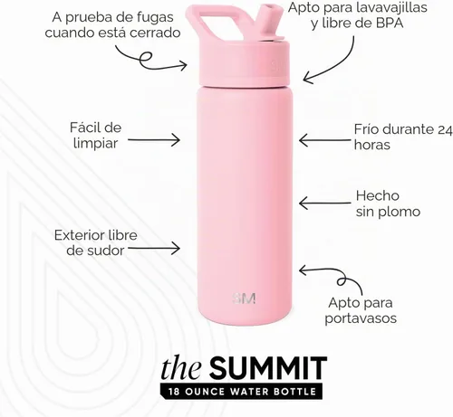 Vista 2 de Simple Modern botella de agua con tapa con pajita, termo de acero inoxidable con aislamiento al vacío, reutilizable, sin BPA, sin fugas