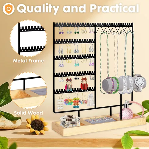 Vista 2 de Barelove Soporte organizador de joyas, estante de metal de 5 niveles para aretes con pantalla de 108 agujeros, 12 ganchos para collares, torre