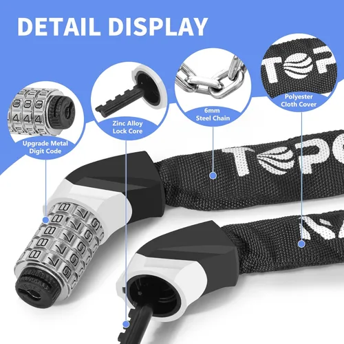 Vista 4 de Topcrown Cerradura de cadena para bicicleta, diales digitales de metal mejorados, 3.2 pies de largo, alta seguridad, resistente, antirrobo