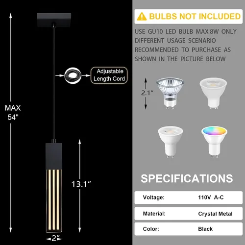 Vista 2 de 2 Pack Integrated Hanging Crystal Kitchen Island Modern Concise Pendant Ceiling Light Fixture,Black Finish for Kitchen Island Dining Room Bedroom