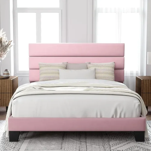 Vista 34 de Allewie Base de cama de plataforma de tamaño individual con cabecera tapizada de tela y soporte de listones de madera, base de colchón totalmente