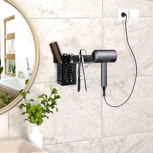 Vista 6 de LUEXBOX Soporte para secador de pelo montado en la pared, organizador de herramientas para baño, soporte para rizador, estante para secadora