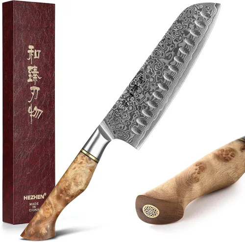 Vista 13 de HEZHEN Cuchillo utilitario de 5 pulgadas con filo de navaja - Acero de Damasco con patrón de rosa multifuncional VG10 cuchillo profesional