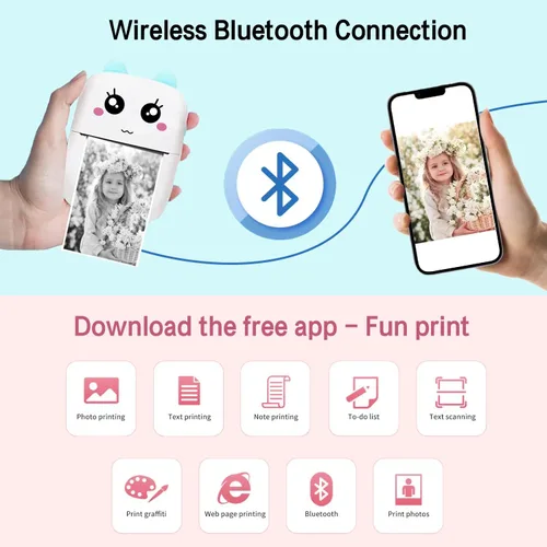 Vista 2 de Mini impresora de calcomanías con 11 rollos de papel, recibo de bolsillo térmico sin tinta para iOS iPhone y Android, Bluetooth portátil