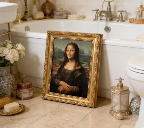Vista 2 de Pintura clásica de Mona Lisa enmarcada en oro, arte de pared de baño, póster divertido de humor divertido para baño, impresión en lienzo de baño