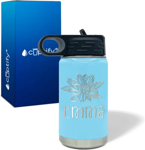 Vista 14 de Botella de agua para niños personalizada con nombre en botella de agua aislada con anillo verde mate de 12 onzas