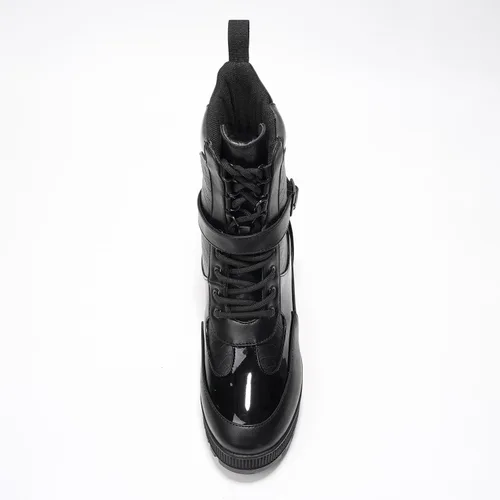 Vista 5 de Botas de combate de tacón grueso para mujer con plataforma y cordones, botines altos de otoño e invierno para ropa urbana, tacón de bloque Negro