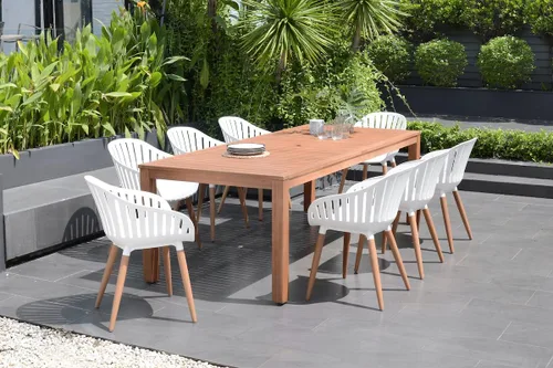 Vista 11 de Brampton Patio Brampton Venice - Juego de comedor rectangular de 7 piezas, acabado de teca oscura y sillas grises, ideal para patio y exteriores