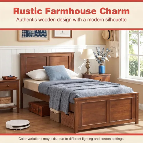 Vista 8 de KOMFOTT Twin Size Bed Frame, Farmhouse Wooden Platform Bed with Headboard Nogal