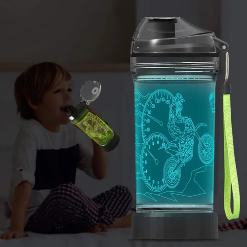 Vista 7 de YuanDian Botella de agua iluminada para niños con diseño 3D de motocross - 14 onzas Tritan libre de BPA ecológica - Vasos frescos para beber regalo