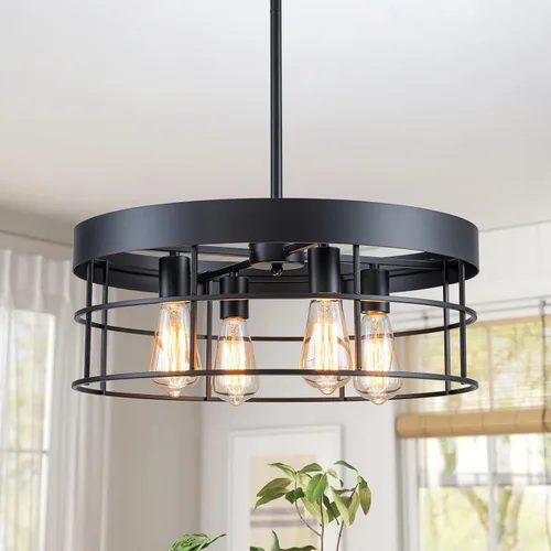 Vista 11 de Candelabro industrial de granja de 19.7 pulgadas, 4 luces, estilo rústico, con textura de grano de madera y pantalla de metal negro para comedor