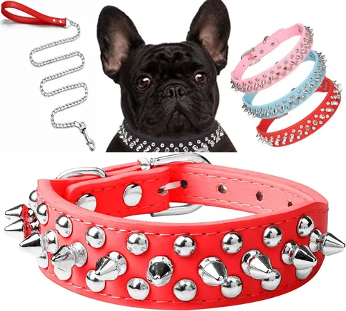 Vista 9 de Serijoars Collar para perro con tachuelas, de piel sintética suave con clavos de hongos, ajustable, para cachorros (XS, Negro)