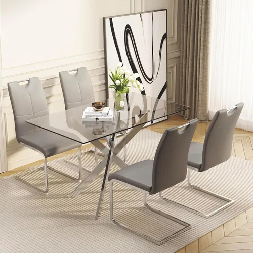 Vista 11 de Juego de mesa de comedor de vidrio de 51 pulgadas para 4 personas con tapa de vidrio templado, color negro Patas de metal negro, sillas de cuero