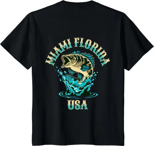 Vista 51 de Camiseta con diseño de pesca en la parte delantera y trasera de Miami Florida USA, Negro
