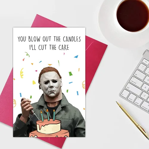 Vista 3 de Norssiby Tarjeta de cumpleaños espeluznante y divertida de Michael Myers I'll Cut The Cake, tarjeta de felicitación de cumpleaños asesino