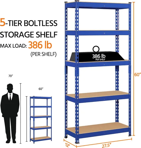 Vista 3 de Topeakmart Estantes utilitarios de 5 niveles, estantes de almacenamiento de metal, estanterías ajustables, montaje sin tornillos, estantes de Azul