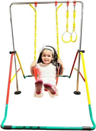 Vista 4 de Barra de entrenamiento de gimnasia para niños, barra plegable expandible 5 en 1 + alfombrilla de 6 x 2 pies, asiento de columpio, 2 anillos