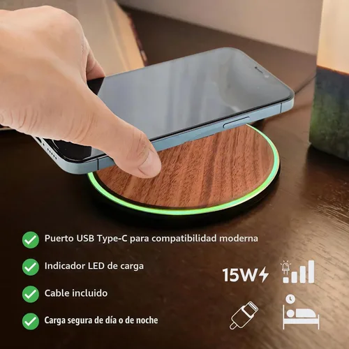 Vista 5 de Cargador inalámbrico de madera de 15 W, estación de carga inalámbrica Qi de diseño elegante, cable USB tipo C, compatible con iPhone 15 14 13 Pro